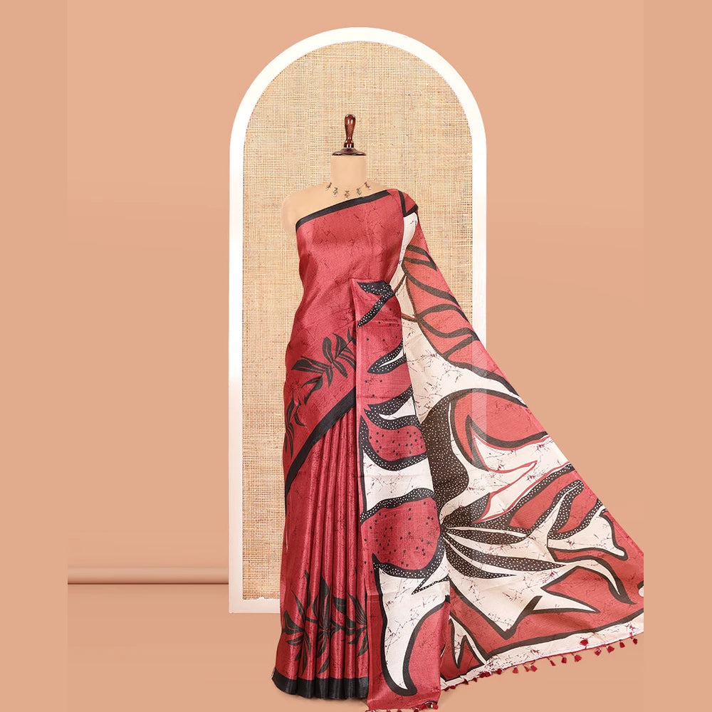Pothys Dusky Pink Batik-Style Floral Printed Art Khadi Cotton Saree, a Contrast Border, and a Matching Blouse